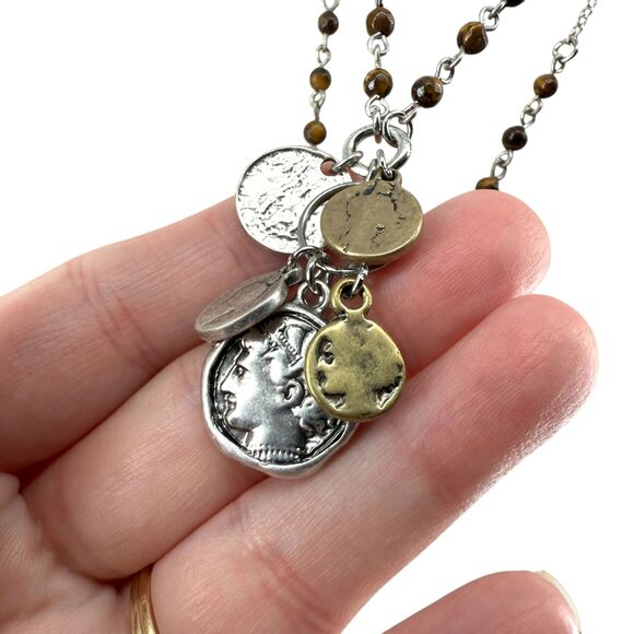 J. Jill Layered Coin Charm Necklace Silver Tone Beaded Medallion Statement NWT - Picture 5 of 11